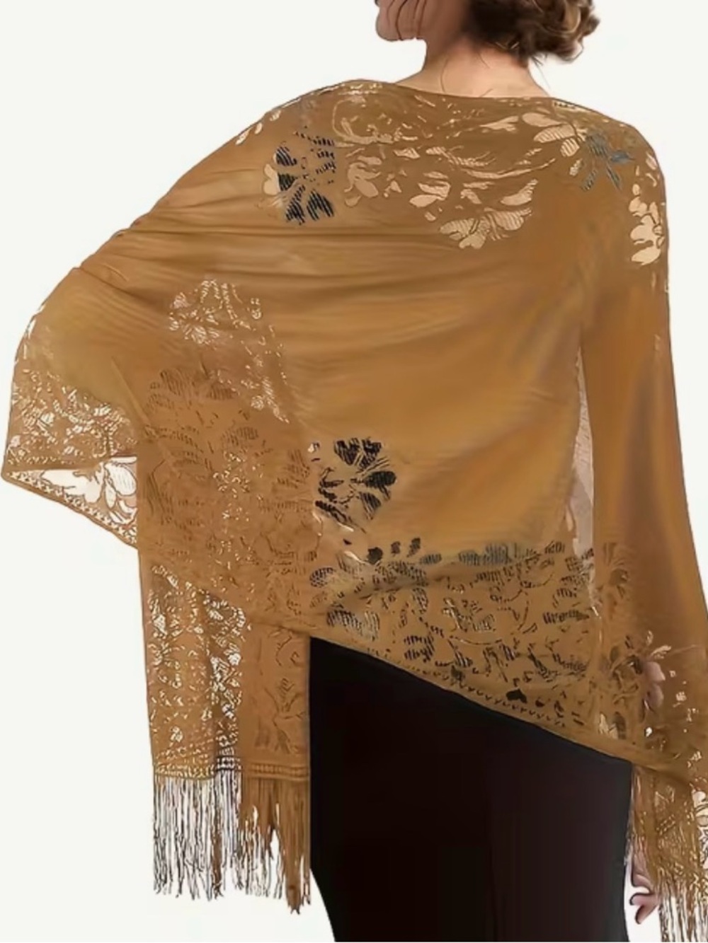 Fringed Floral Lace Shawl Wrap in Camel